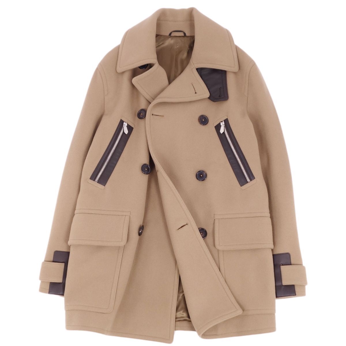 極美品 エルメス HERMES 20AW コート ピーコート ダブルブレスト ウール ラムレザー アウター メンズ 46 ブラウン cf06od-rm05f10566