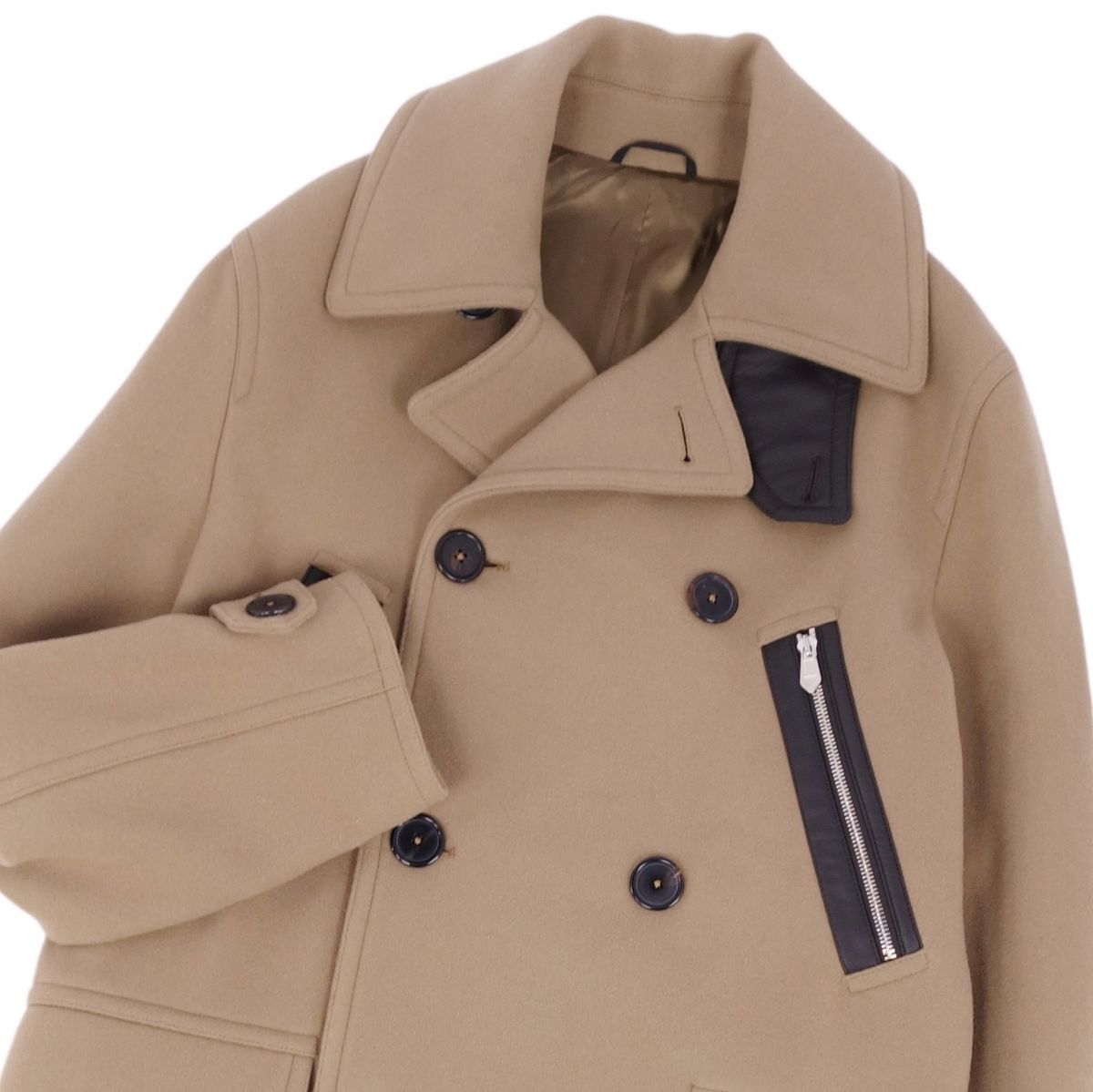 極美品 エルメス HERMES 20AW コート ピーコート ダブルブレスト ウール ラムレザー アウター メンズ 46 ブラウン cf06od-rm05f10566