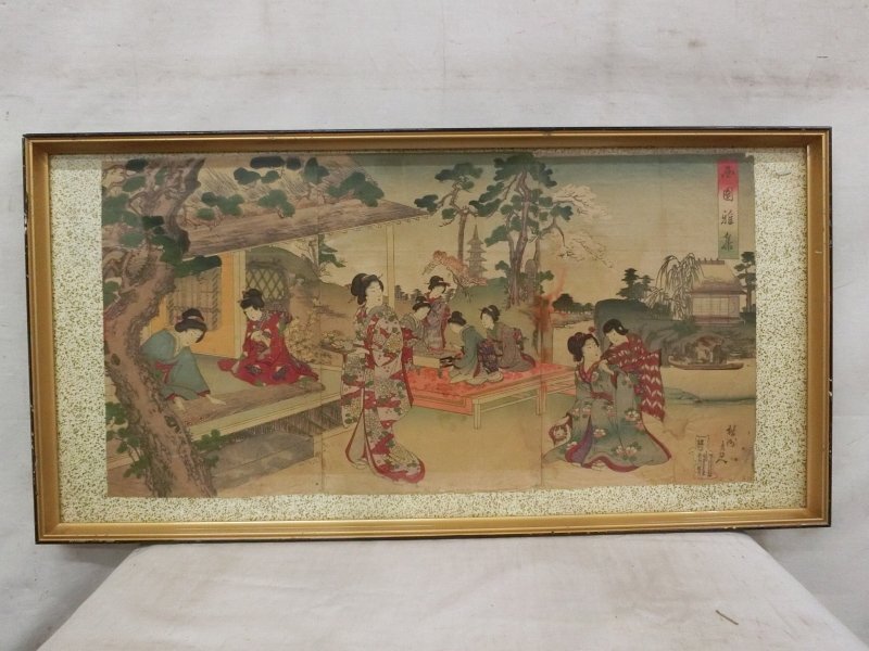 E2276 楊洲周延 「西国雅集」 木版画 三枚綴 小扁額 浮世絵