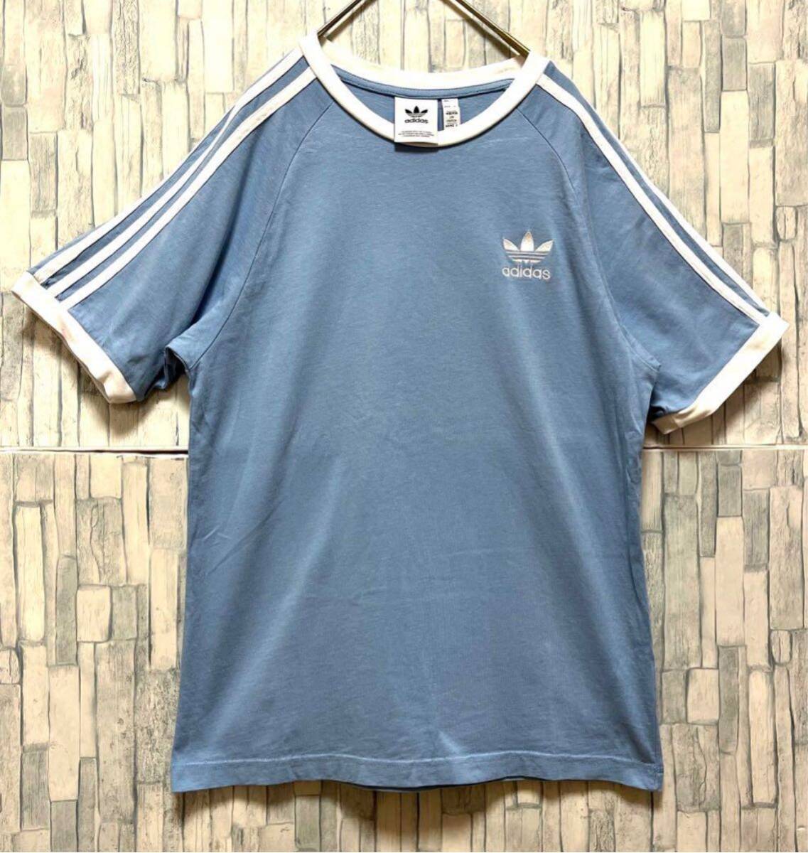 半額満載!スーパーSALE グランドセール! adidas アディダス 刺繍 くすみブルー サイズM リンガーTシャツ Mサイズ