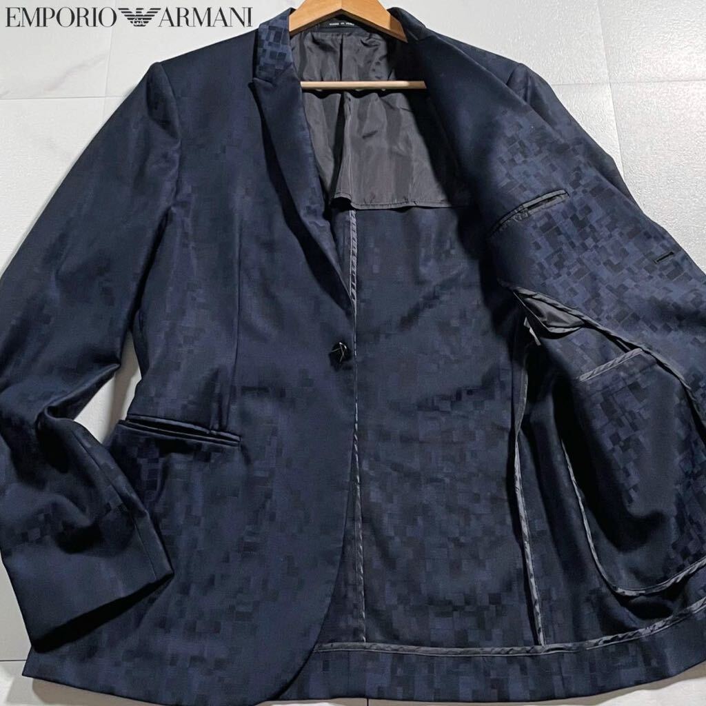 未使用級/Lサイズ●エンポリオ アルマーニ テーラードジャケット ウール EMPORIO ARMANI 羊毛 総柄 幾何学模様 モザイク風 ネイビー 52