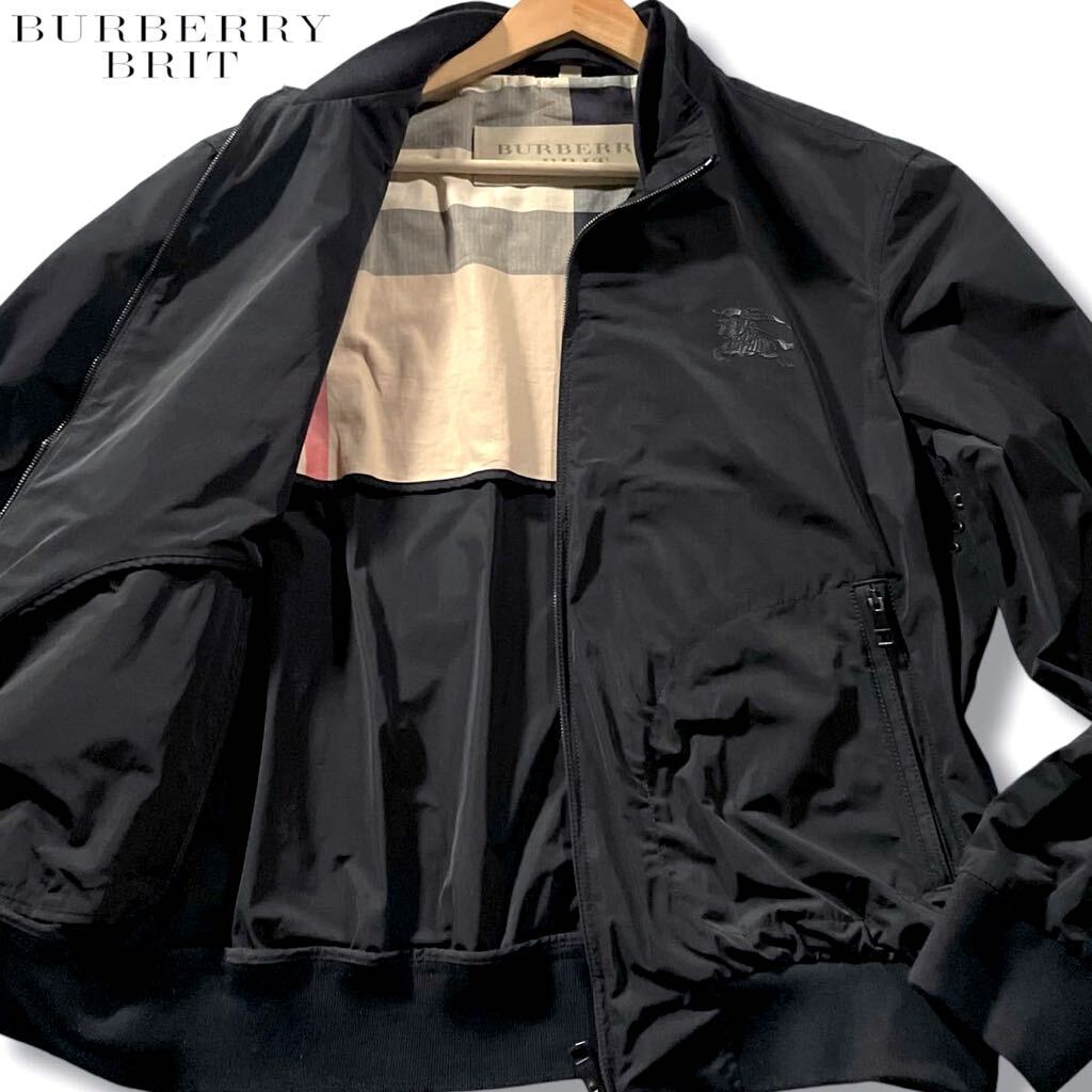 極美品/XLサイズ●バーバリー ブリット ナイロンジャケット ブルゾン BURBERRY BRIT ダブルジップ 胸元ホースロゴ 裏地ノバチェック 黒