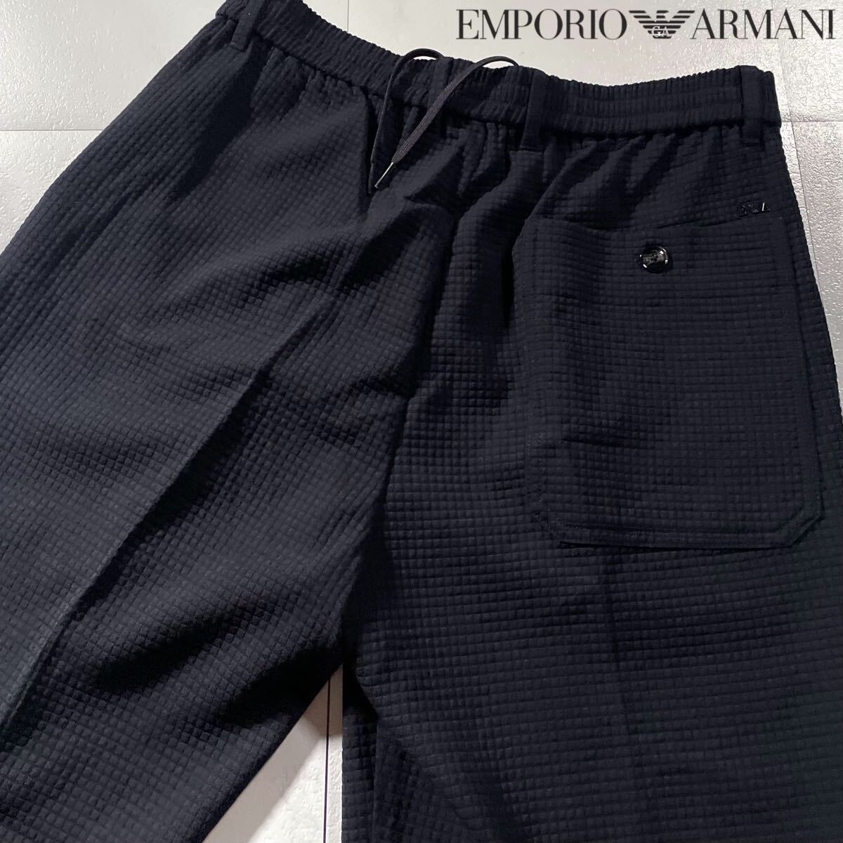 極美品/Lサイズ●エンポリオ アルマーニ ストレッチ ウール パンツ スラックス ジャージ風 EMPORIO ARMANI 凸凹 3D ワッフル ロゴ金具 48