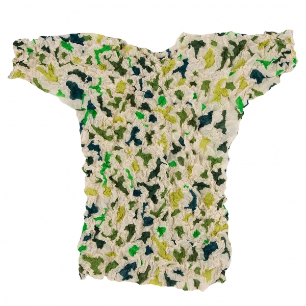 イッセイミヤケ ミーISSEY MIYAKE me シワプリーツ総柄Tシャツ 緑ベージュM位 【レディース】