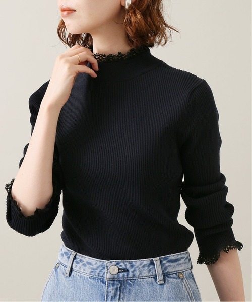 ∞ 2021aw IENA イエナ 《追加2》レースツキ ハイネック リブ プルオーバー ウールブレンド　ネイビー×ブラック　ニット　∞
