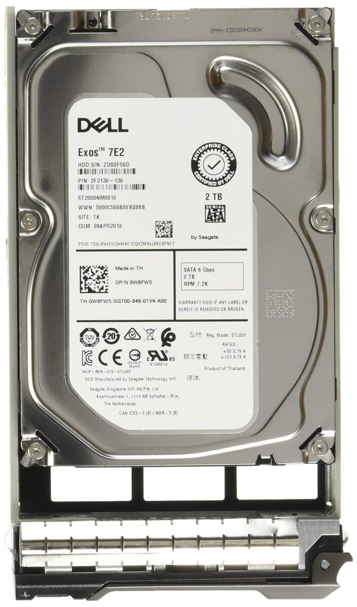 【中古】Dell - Hard drive - 2 TB - hot-swap - 3.5” - SATA 6Gb/s - 7200 rpm - f
