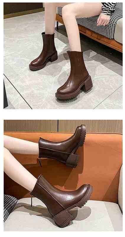  lady's shoes boots midi middle Short ankle back fastener thickness bottom 38 Brown 