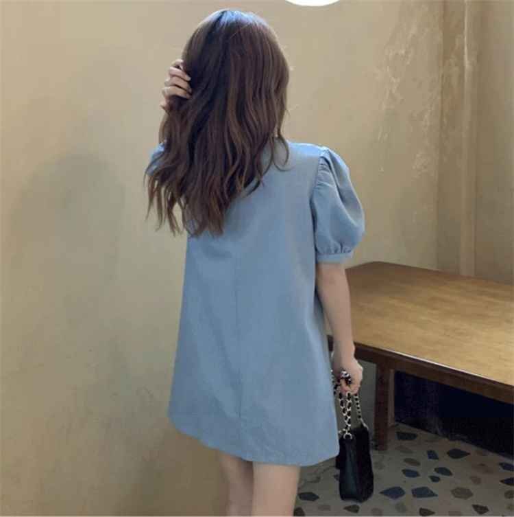  miniskirt short sleeves ribbon One-piece retro sweet series dressing up XL blue 