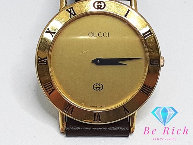 グッチ GUCCI メンズ 腕時計 3000M ゴールド ブラウン 茶 SS レザー ブレス アナログ クォーツ オールド ヴィンテージ  bt2896
