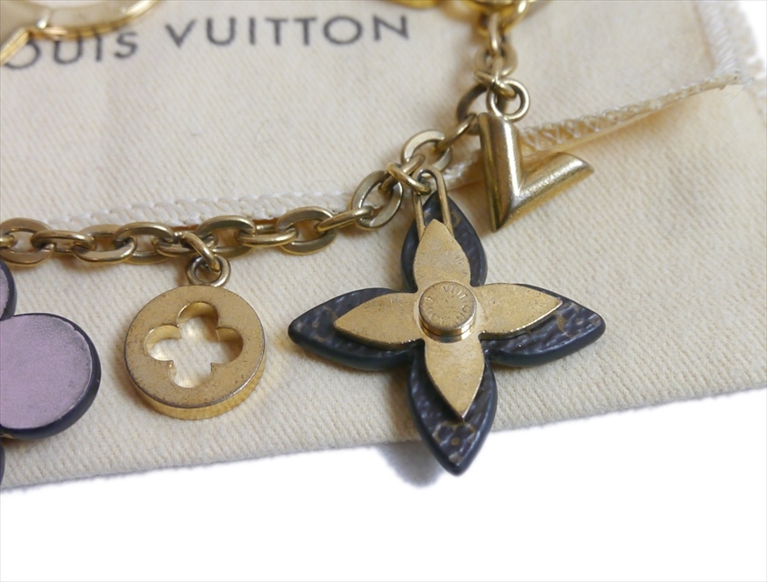  Louis Vuitton брелок для ключа цепь цветок кожа монограмма Gold 