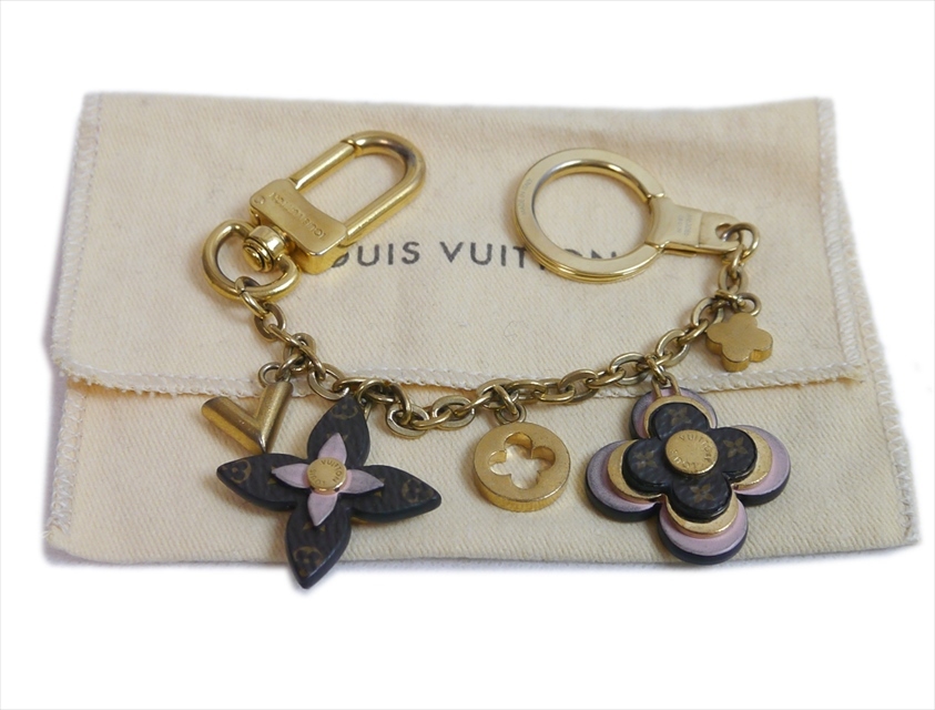  Louis Vuitton брелок для ключа цепь цветок кожа монограмма Gold 