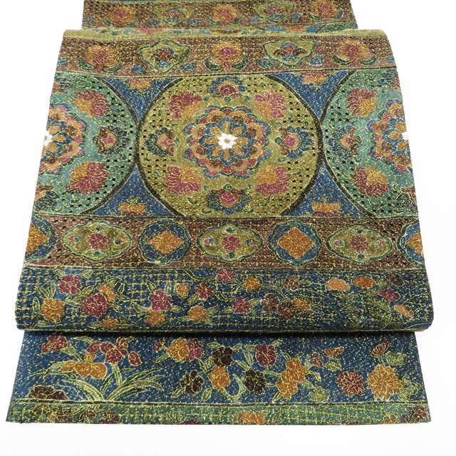 ★きもの北條★ 汕頭刺繍　スワトウ　中国刺繍　花模様　全通　金通し　中古　正絹　袋帯　T719-15