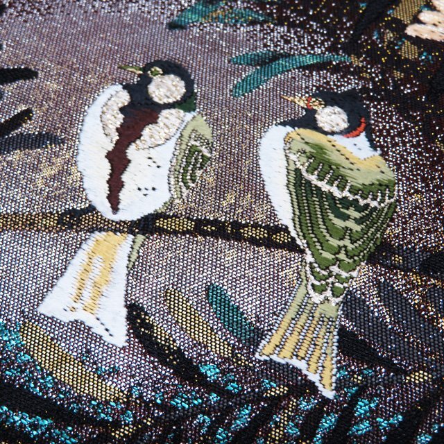★きもの北條★ 花鳥模様　槙に四十雀　引箔　中古　正絹　袋帯　T713-4