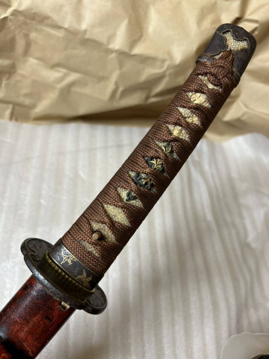 小型の可愛らしい茶席刀 茶刀 鹿角?と銅目貫(日本刀脇差小太刀 小型の可愛らしい茶席刀 茶刀 鹿角?と銅目貫(日本刀脇差小太刀