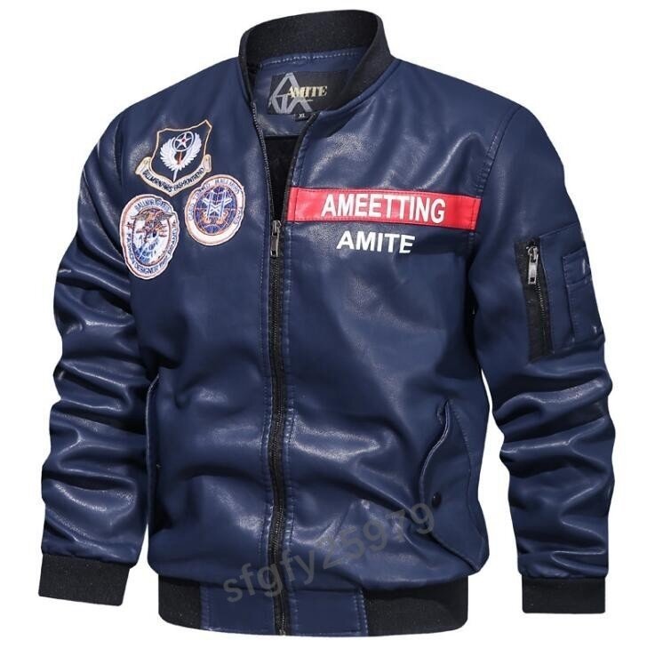 I770☆新品3色 メンズレザージャケット ライダースジャケット バイクジャケット ジャンパー ブルゾン 皮革ジャケット 裏起毛 紺