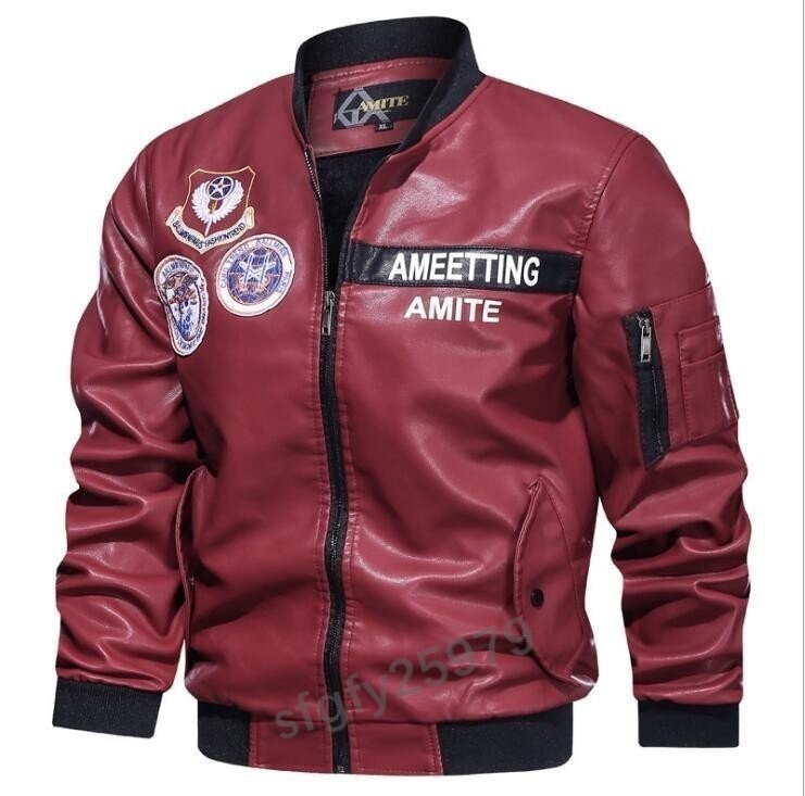 J611☆新品3色 メンズレザージャケット ライダースジャケット バイクジャケット ジャンパー ブルゾン皮革ジャケット裏起毛 レッド