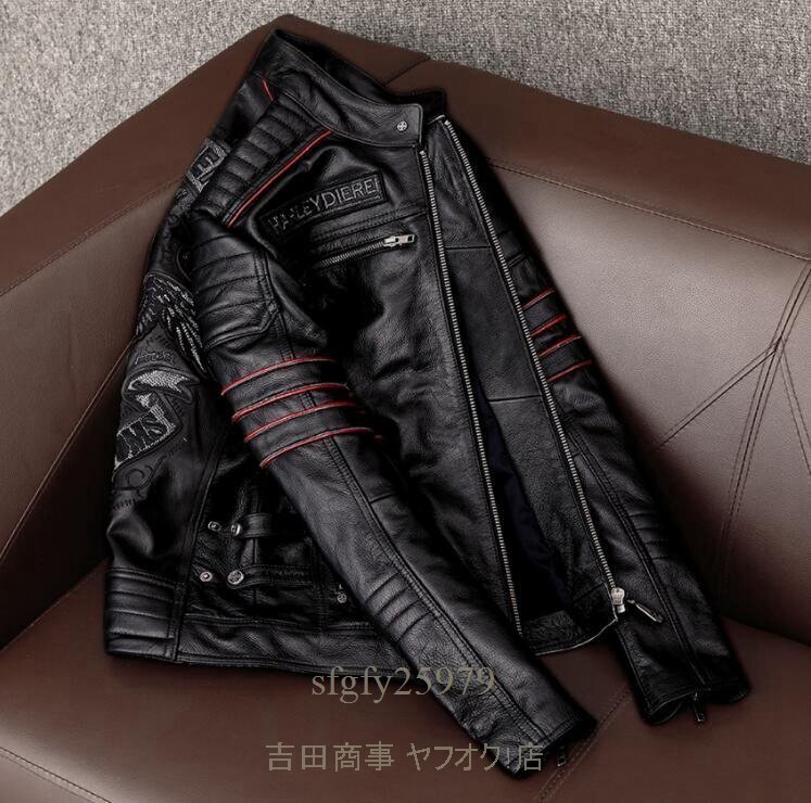 A7041新品 ハレーバイクレザージャケット 上品 本革 高級(jí) 牛革 刺繍 ライダースジャケット 革ジャン Ｓ～5XL 秋冬 黒