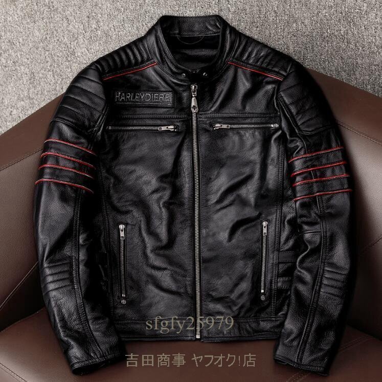 A7041新品 ハレーバイクレザージャケット 上品 本革 高級(jí) 牛革 刺繍 ライダースジャケット 革ジャン Ｓ～5XL 秋冬 黒