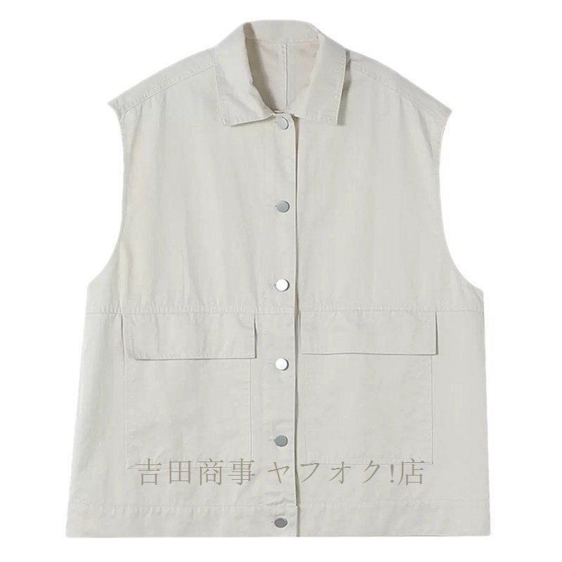 A7397☆新品ゆったり大きいサイズカジュアル 前開き レトロ ショート丈 ノースリーブ ベスト トレンチコート 白L サイズ（サイズ選べる）