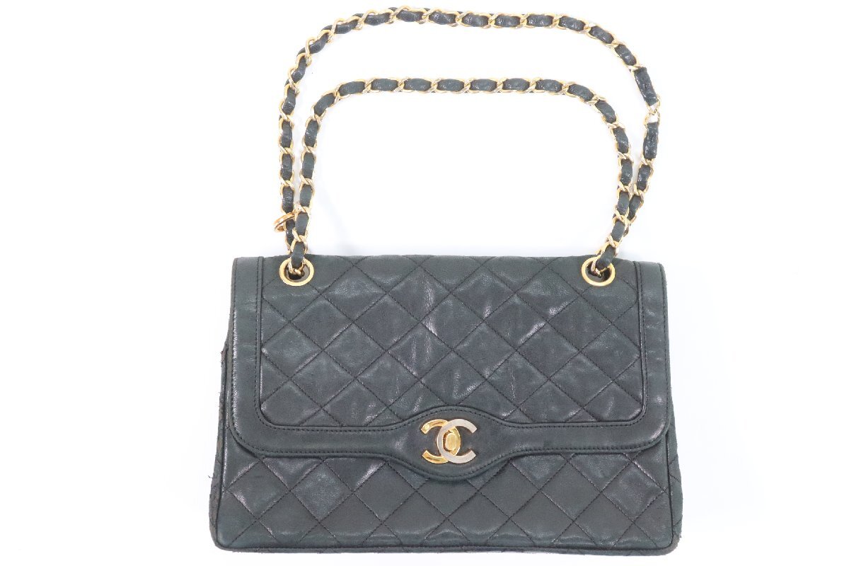 CHANEL シャネル マトラッセ ダブルチェーン ショルダーバッグ ターンロック レザー 斜め掛け 肩掛 鞄 レディース ブラック 8918-Y①