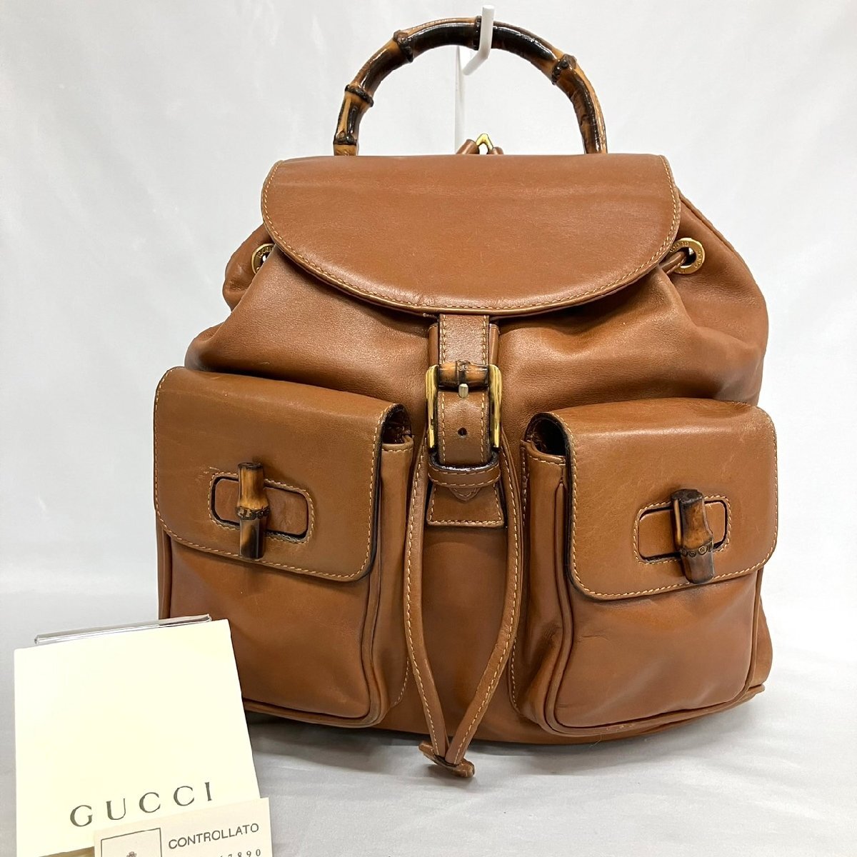 GUCCI グッチ　リュック　バンブー　巾着　レザー　茶色　ミニ GUCCI グッチリュックバンブー巾着レザー茶色ミニ