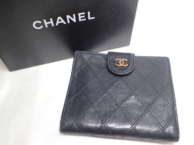 9265[T]CHANEL シャネル ラムスキン マトラッセ ココマーク Wホック 二つ折り 財布 札入れ
