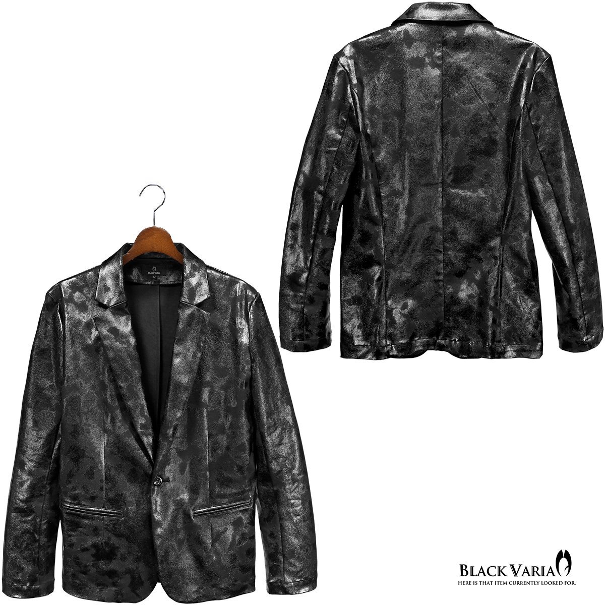222850-bkmt BlackVaria ジャケット テーラード 箔プリント 光沢 1釦 テーラードジャケット メンズ(ムラ柄ブラック黒) L カットジャケット