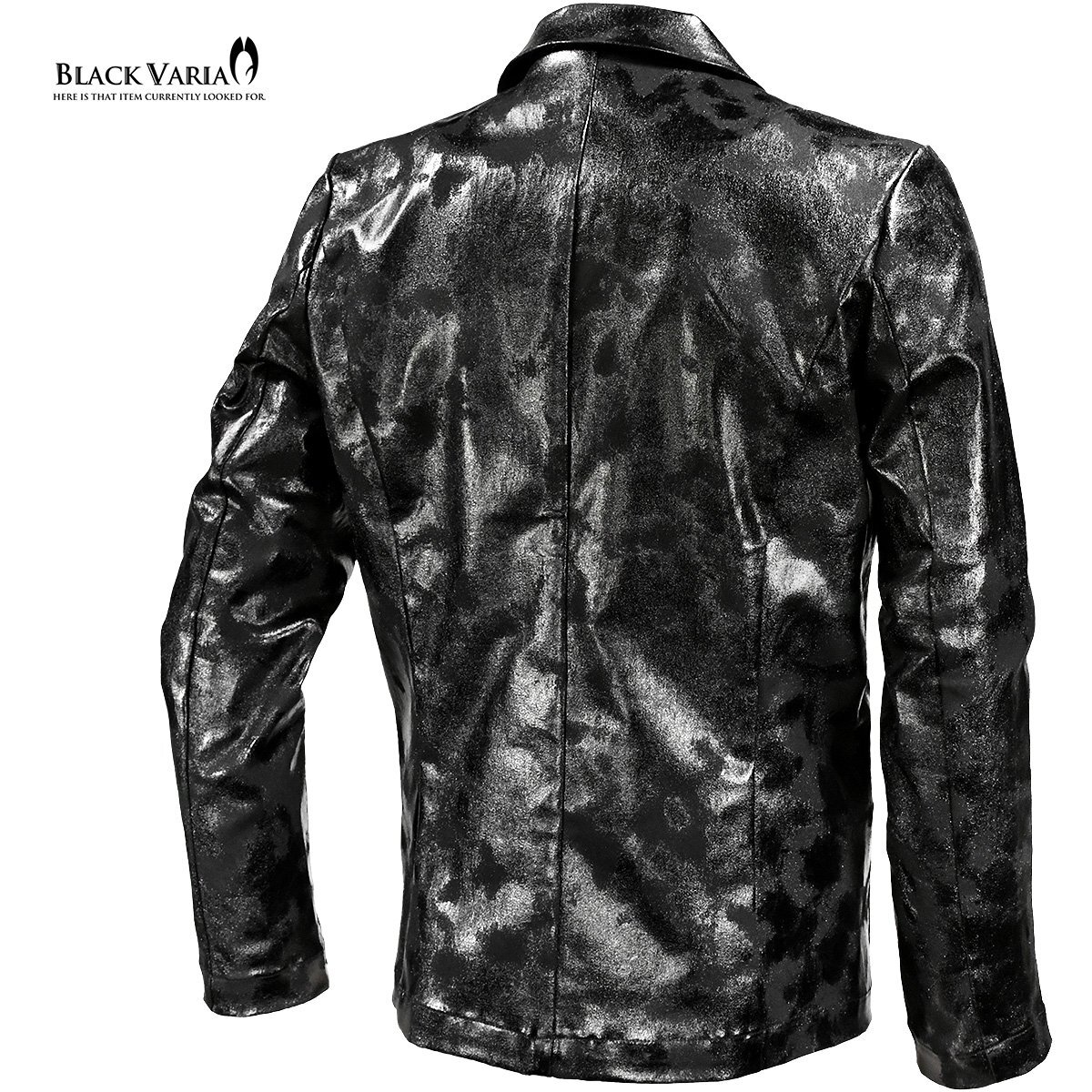 222850-bkmt BlackVaria ジャケット テーラード 箔プリント 光沢 1釦 テーラードジャケット メンズ(ムラ柄ブラック黒) L カットジャケット