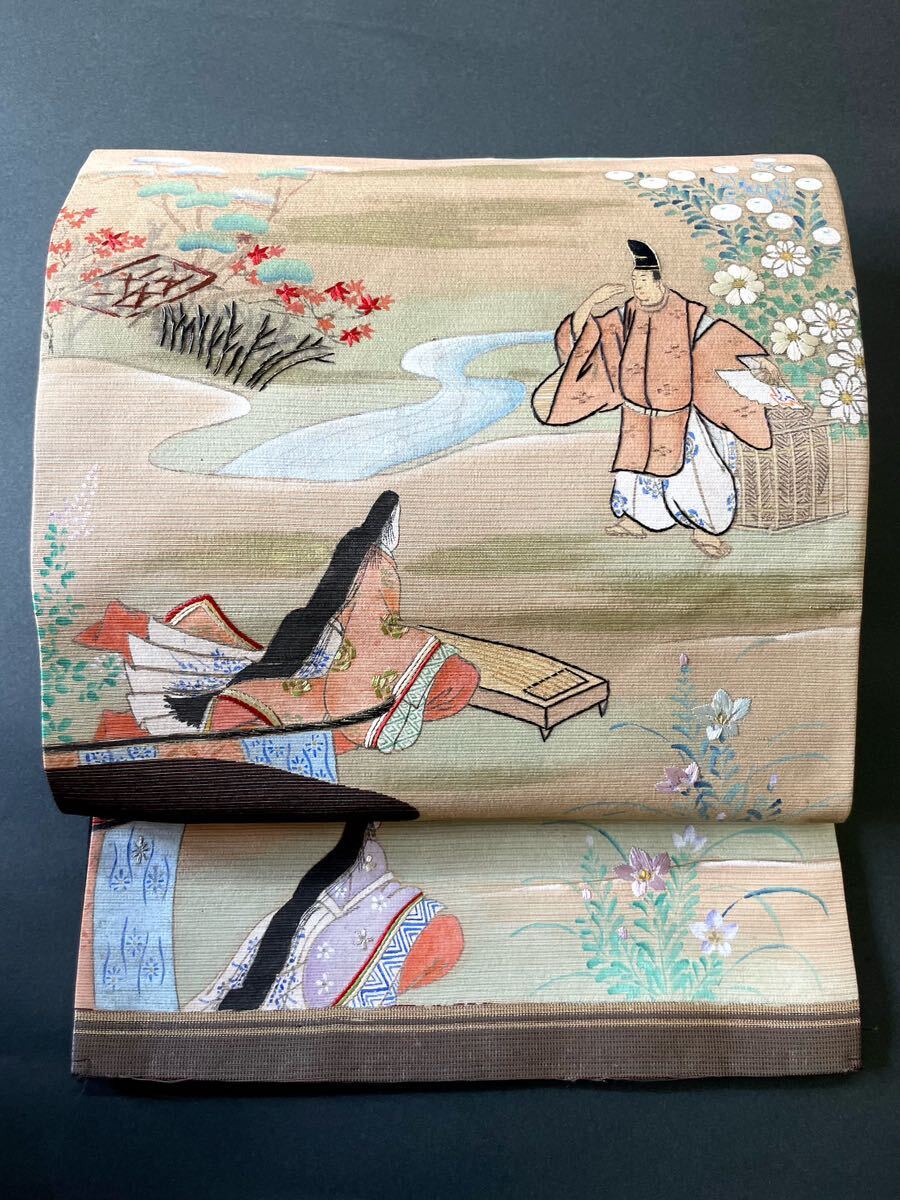 アンティーク着物◆平安絵巻　染め　昼夜帯　刺繍入り　大正ロマン　正絹　きものさらさ奈良店