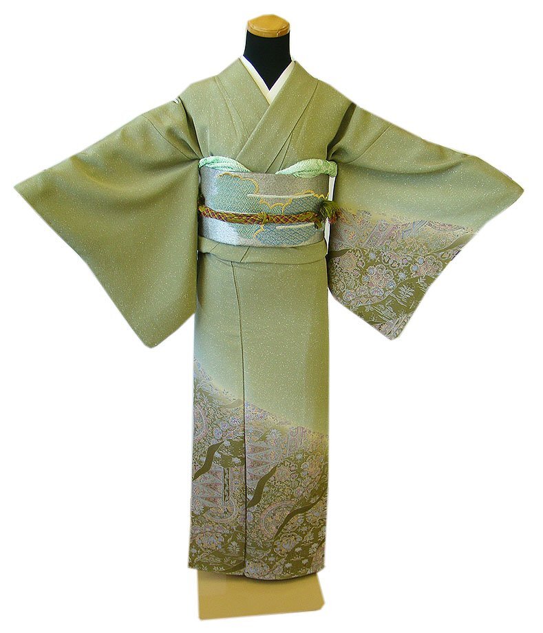 時代屋 裄66.7ｃｍ 極上縮緬地 附下げ 訪問着 西陣織 袋帯 帯〆 帯揚げ 4点 セット 正絹 仕立上り 袷 共八掛 154ｃｍ～160ｃｍ HH1561
