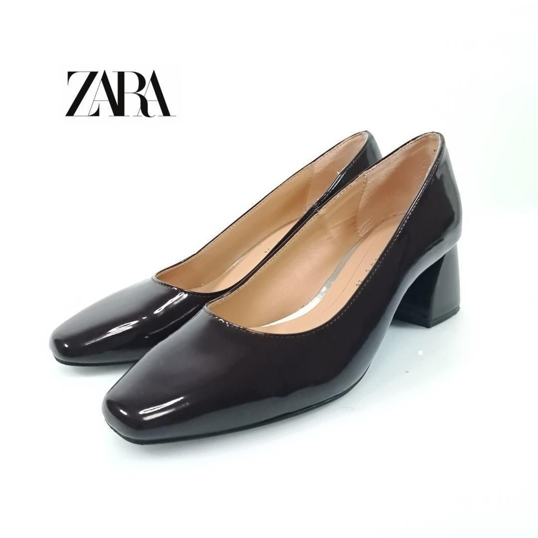 ZARA TRAFALUC パンプス エナメル チャンキーヒール ブラウン ザラ スクエアトゥ 36 ローヒール レディース hws00584