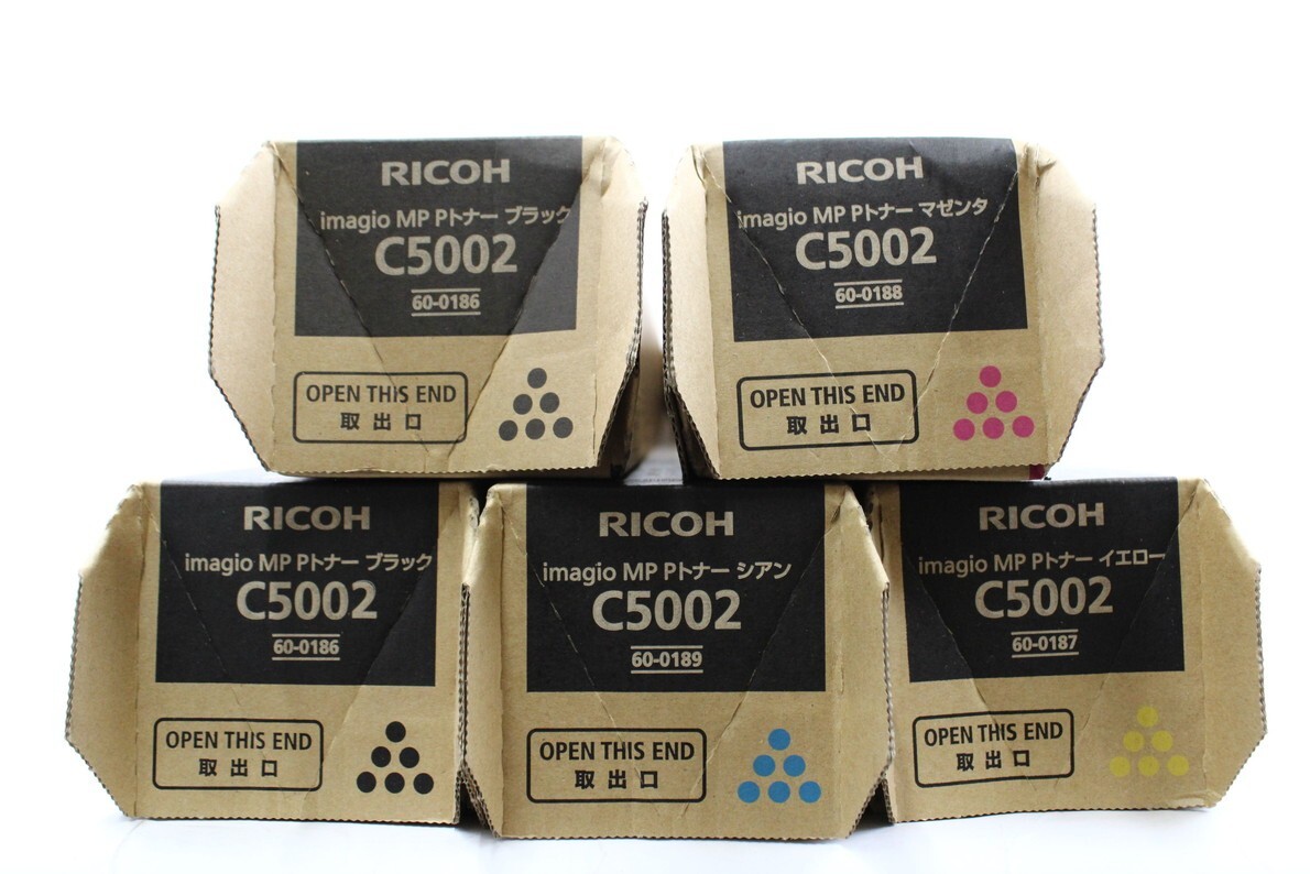 未使用 RICOH 純正 トナー C5002 4色5本（シアン・マゼンタ・イエロー×各1 / ブラック×2） リコー ITZFU62DOY88-YR-L06-byebye