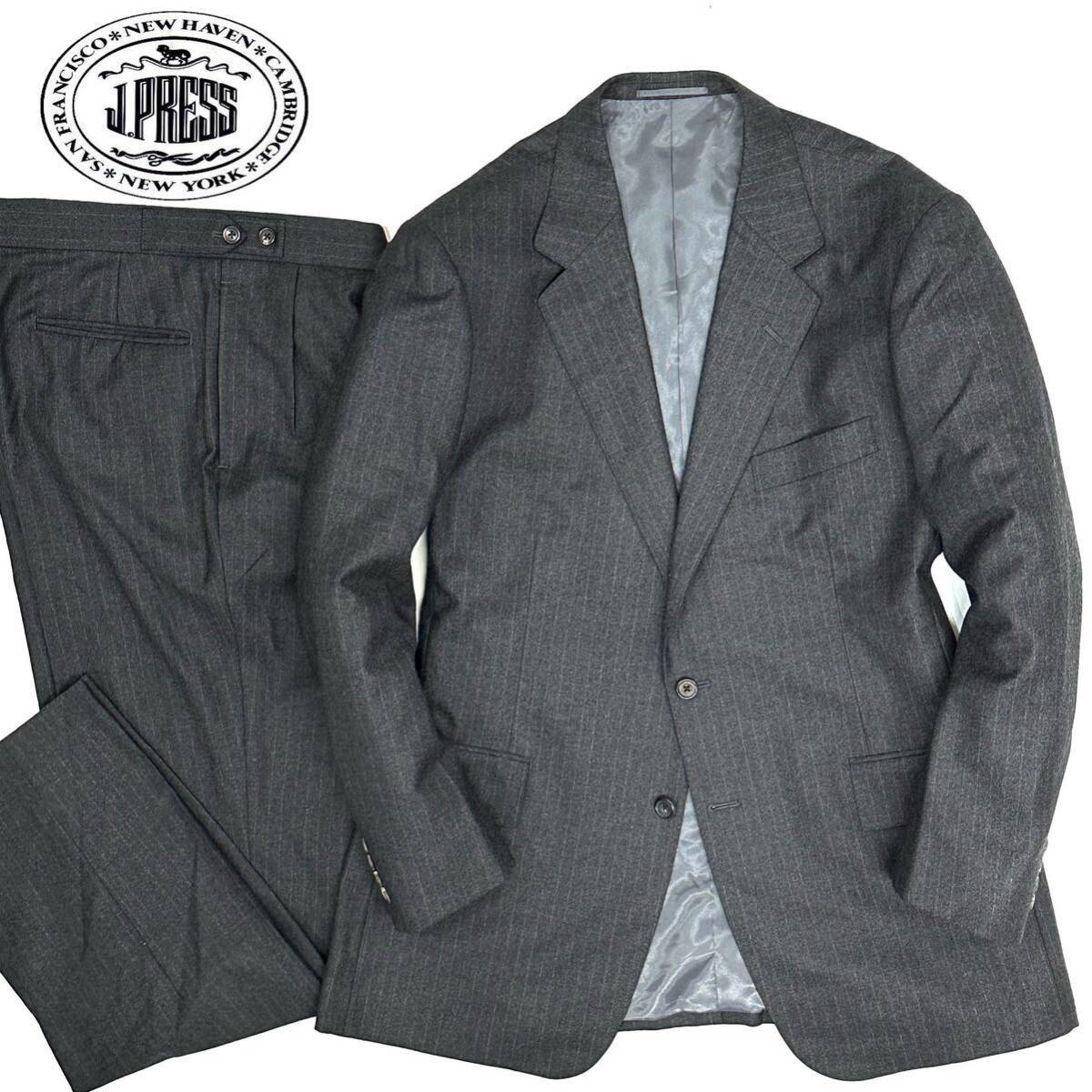 美品!! J.PRESS PRESSTIGE ウール100% 高級 2B シングル スーツ(AB7)ストライプグレー メンズ 紳士服 ジェイプレス サスペンダーボタン付き