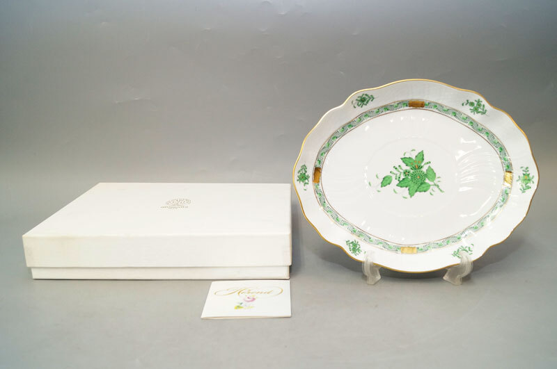 1595-美品◆ヘレンド◆アポニーグリーンオーバルディッシュ プレート 金彩 食器 箱付 ハンガリー製 HEREND HVNGARY