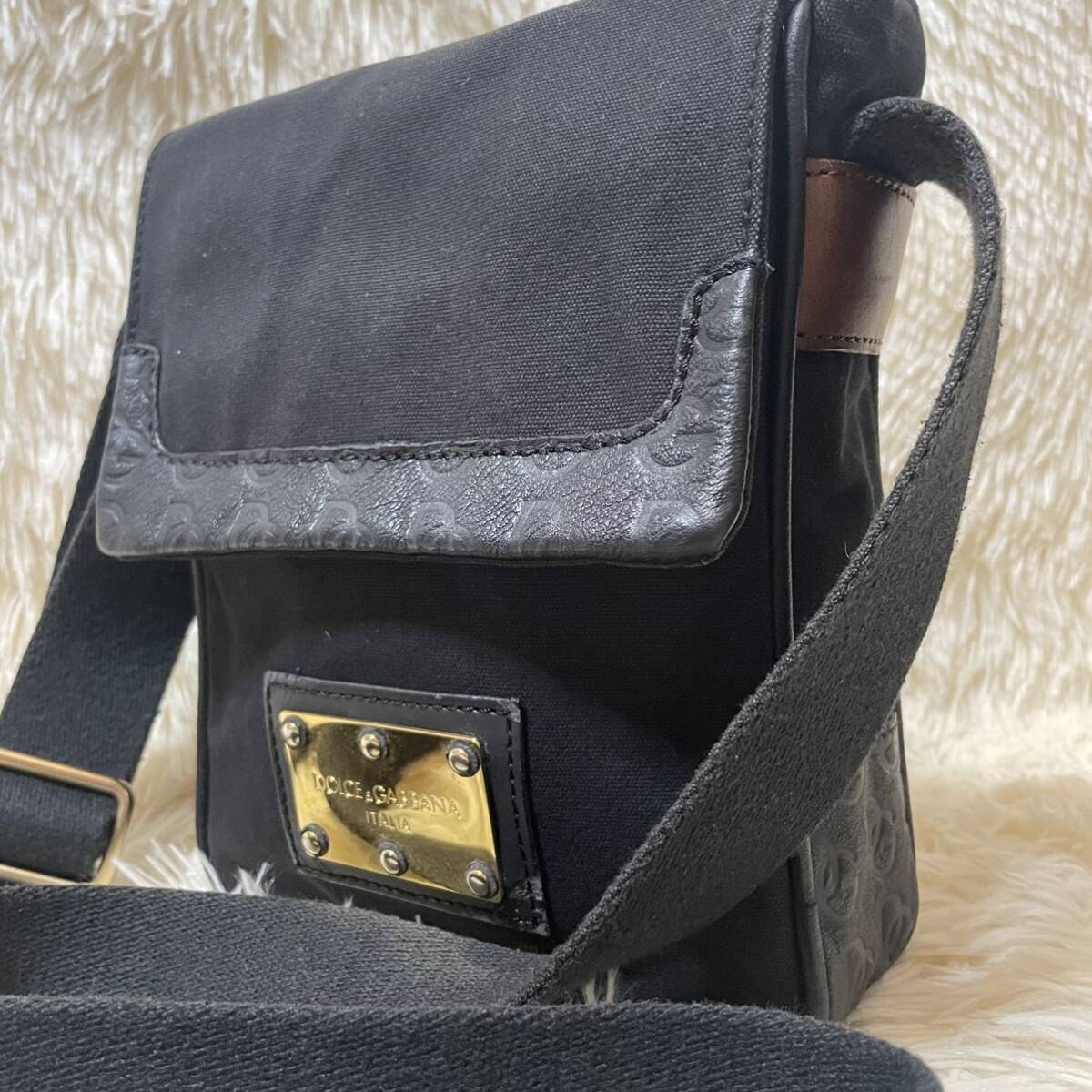 1円 極美品 ●ドルチェ&ガッバーナ DOLCE&GABBANA ショルダーバッグ メッセージャー ビジネス レザー 本革 キャンバス ブラック 黒 メンズ