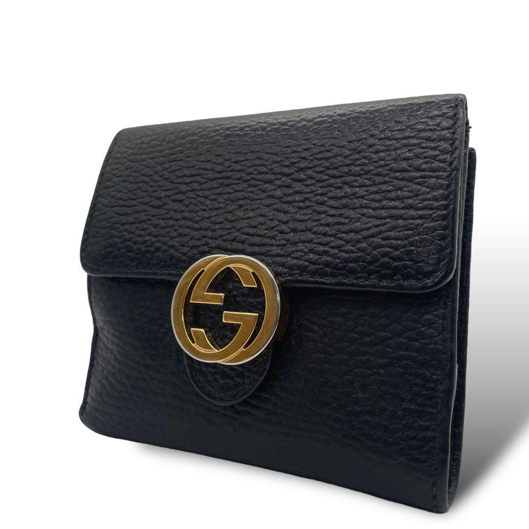 極美品 【使用感小】 GUCCI グッチ 財布 折財布 インターロッキングG シボ革 黒 ブラック w1 レザー 本革 コンパクト メンズ レディース