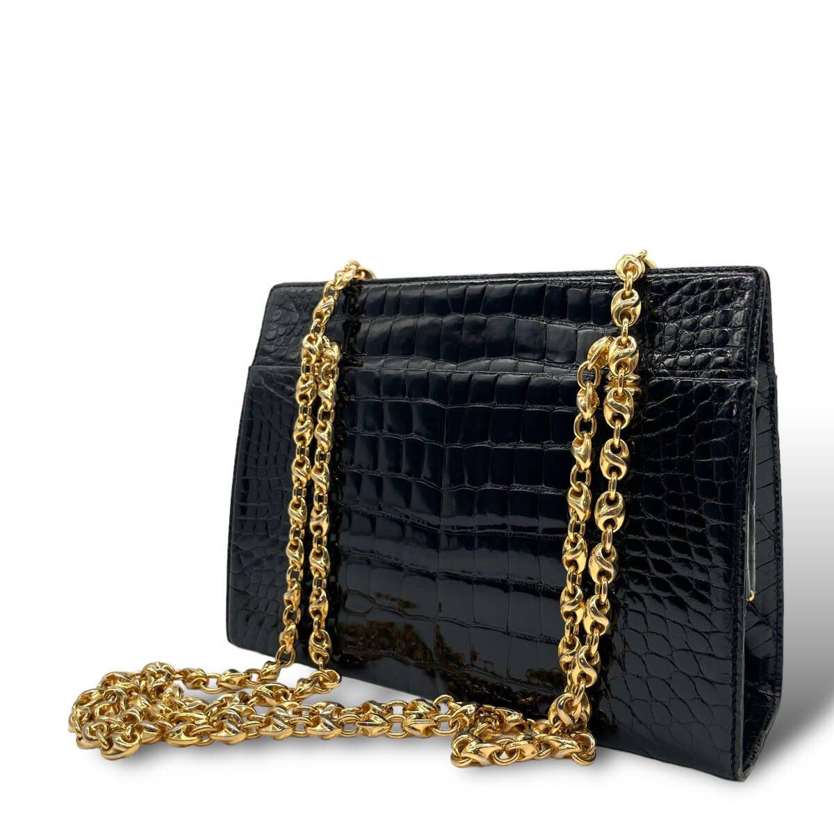 極美品 GUCCI オールドグッチ クロコダイル ミニバッグ ワンショルダー 黒 ゴールド金具 チェーンショルダー シャイニング センター ワニ革