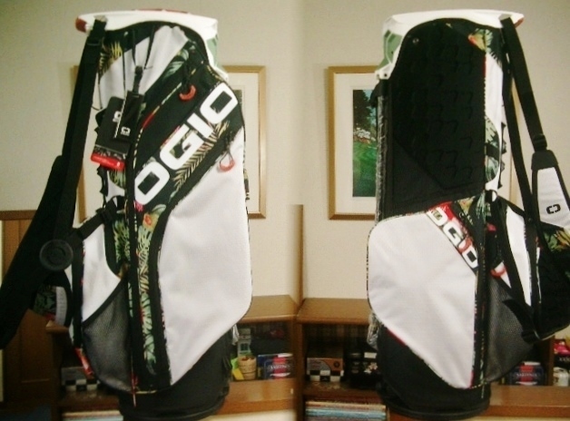 未使用　ＯＧＩＯ　オジオ　トロピカル風　リサイクル１００％　合繊素材　白黒緑オレンジ　スタンドバッグ