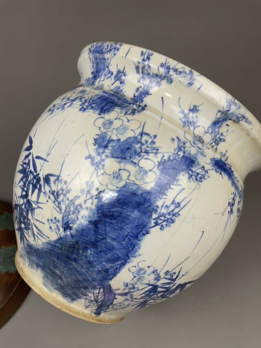 古伊万里 甕 木製蓋 染付 水瓶 水甕 蓋付壺 蓋物 草花文 水鉢 本 古伊万里 甕 木製蓋 染付 水瓶 水甕 蓋付壺 蓋物 草花文 水鉢 本