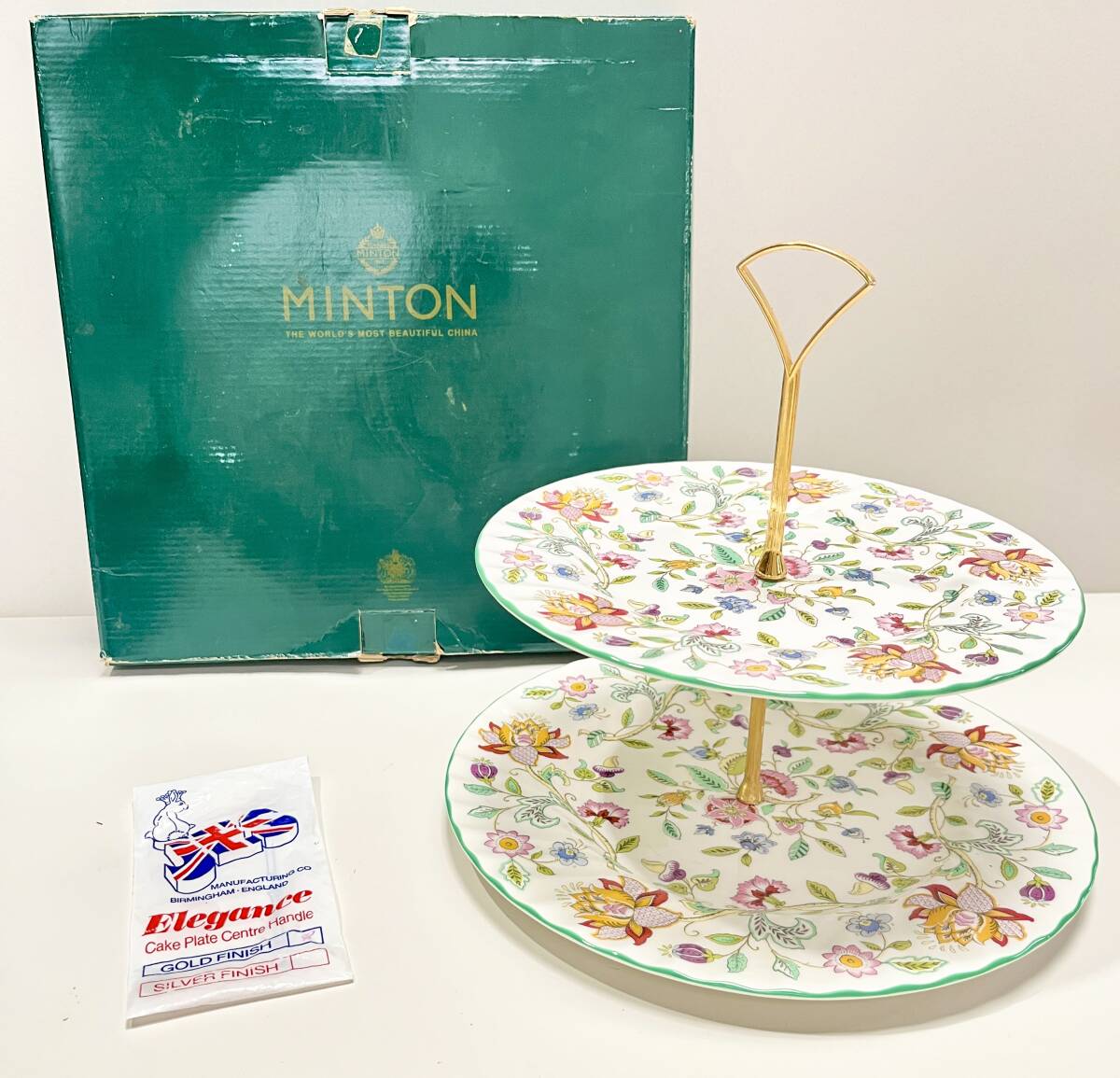 蘇さ(UNY44)　洋食器　MINTON ミントン　HADDON HALL ハドンホール　ケーキスタンド　2段　箱付き　中古品　100サイズ