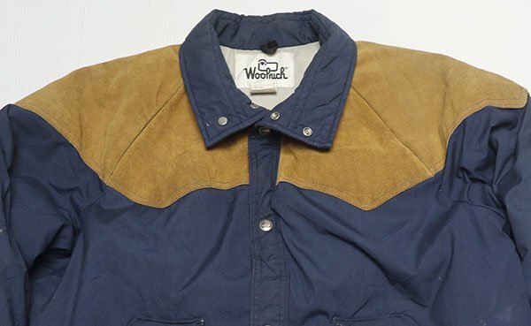 NJ92ウールリッチWOOLRICHアメリカ古着アメリカ製ナイロンジャケットLダウンジャケット80’Sビンテージ切り替えスエードレザー革アウトドア NJ92ウールリッチWOOLRICHアメリカ古着アメリカ製ナイロン