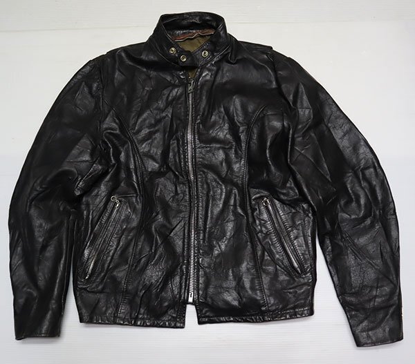 LJ56ライダースジャケットUNKNOWNアメリカ古著アメリカ制シングル襟40ビッグサイズ革ジャン70'S80’Sビンテージ黒系レザージャケットROCK