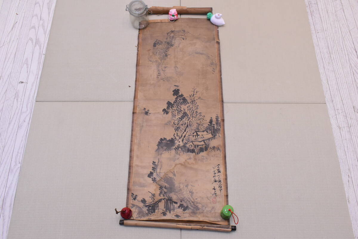 ○【作者不明】掛軸/古美術/在銘/落款/紙本/山水図/風景画 ○【作者不明】掛軸/古美術/在銘/落款/紙本/山水図/風景画