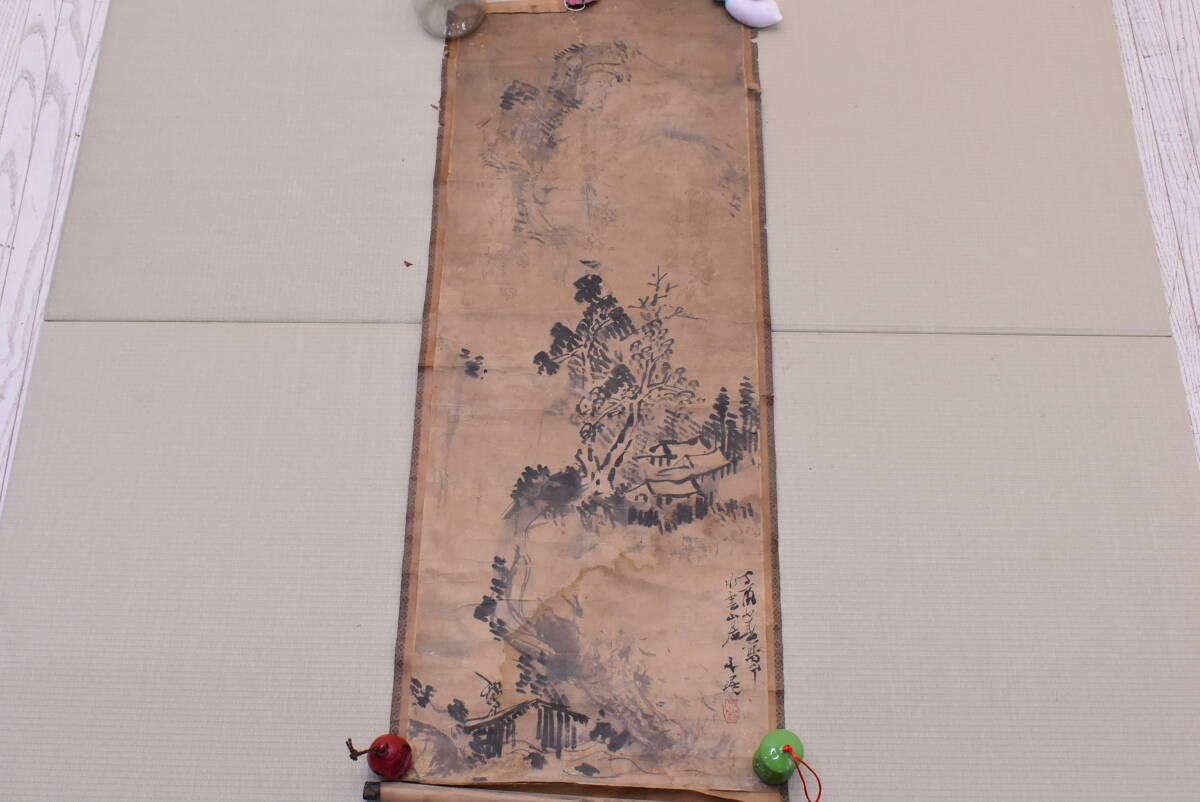 ○【作者不明】掛軸/古美術/在銘/落款/紙本/山水図/風景画 ○【作者不明】掛軸/古美術/在銘/落款/紙本/山水図/風景画