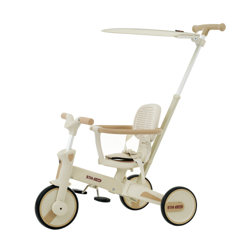 三輪車 ワンタッチ折りたたみ 高級 子供用三輪車(ベージュ×ブラウン) 三輪車のりもの サンシェード付き 安全バー付き
