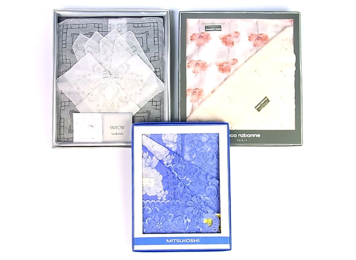 ◆未使用◆SWATOW/スワトウ 他◆レースハンカチ 計5枚 3箱セット◆青/ピンク/白◆花柄/リボン◆汕頭刺繍◆透け◆上品◆