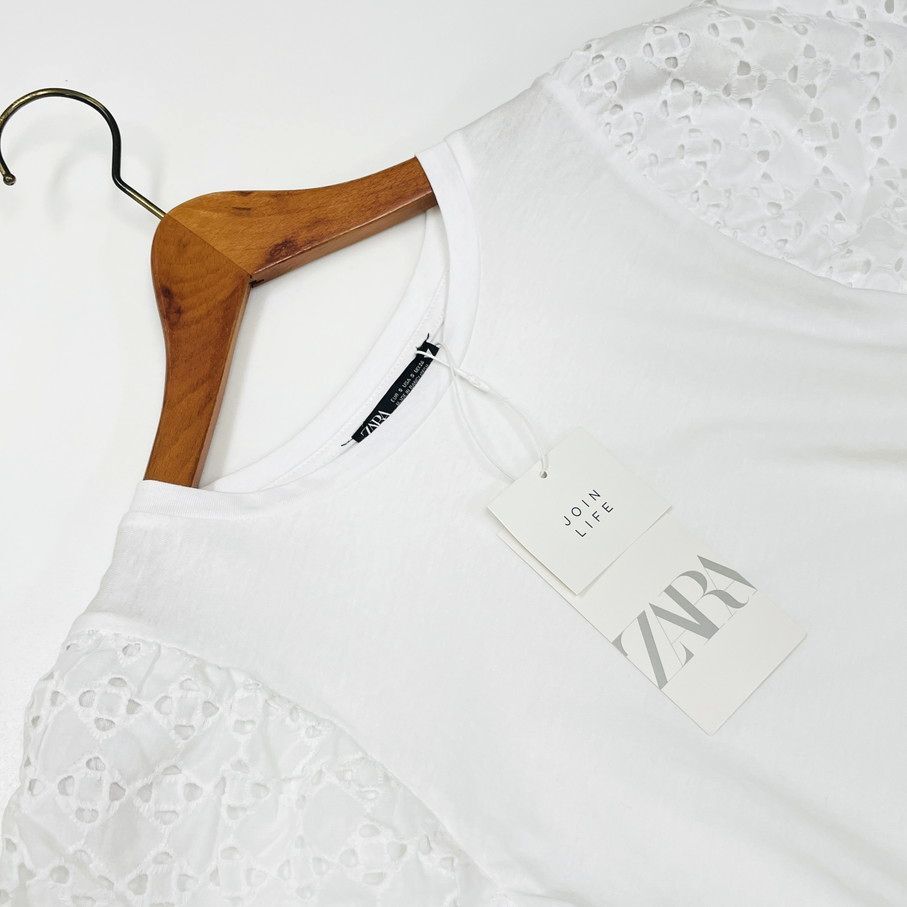 /S/ ZARA ホワイト 半袖Tシャツ レディース タグ カジュアル トップス通勤大人可愛(ài)いガーリーコットン生地 カットワーク刺繍 ザラ
