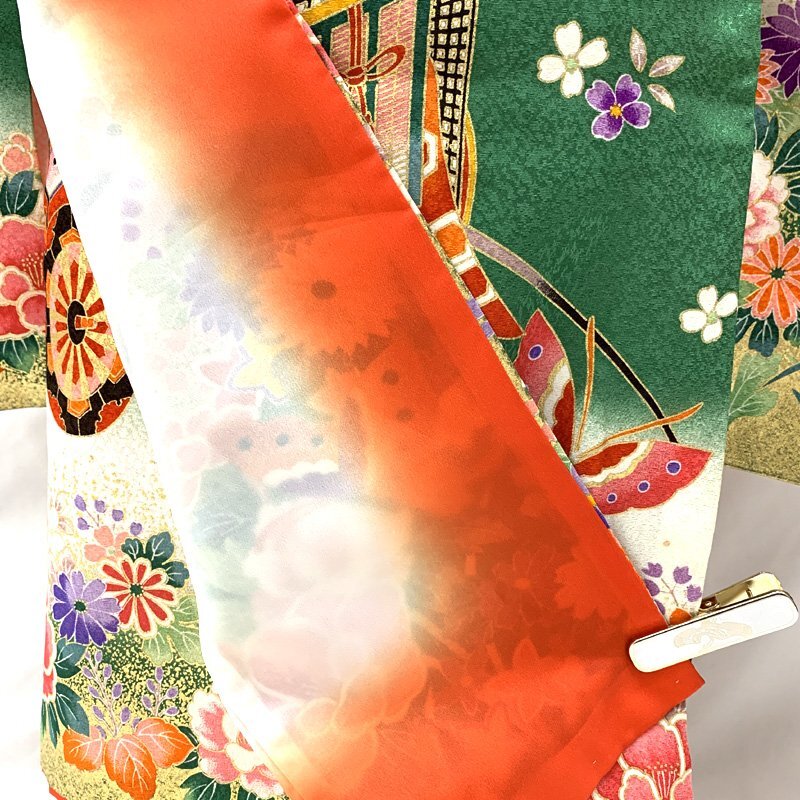 409ag1□七五三 七歳 女児 着物&袋帯&長襦袢 金彩 御所車 蝶□美品 409ag1□七五三 七歳 女児 着物&袋帯&長襦袢 金彩 御所車 蝶□美