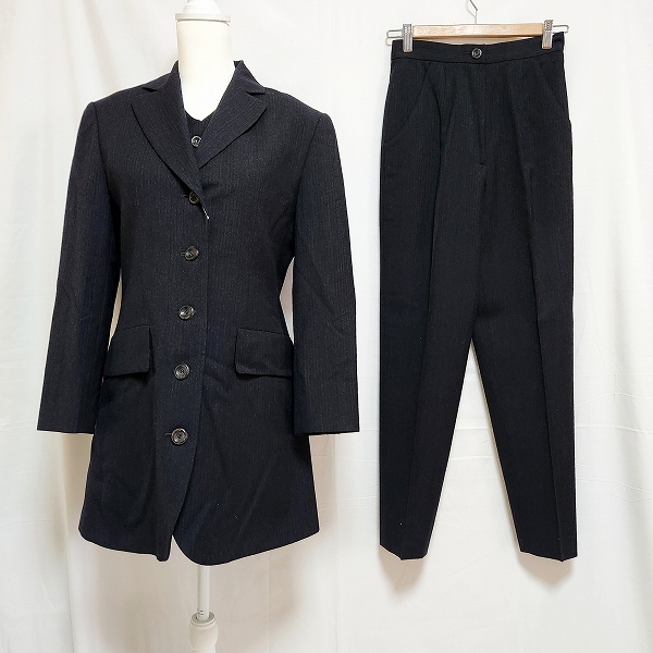 #anc マーレンダム MARLENEDAM パンツスーツ 40 黒 スリーピース ストライプ ロングジャケット センタープレス レディース [877516]