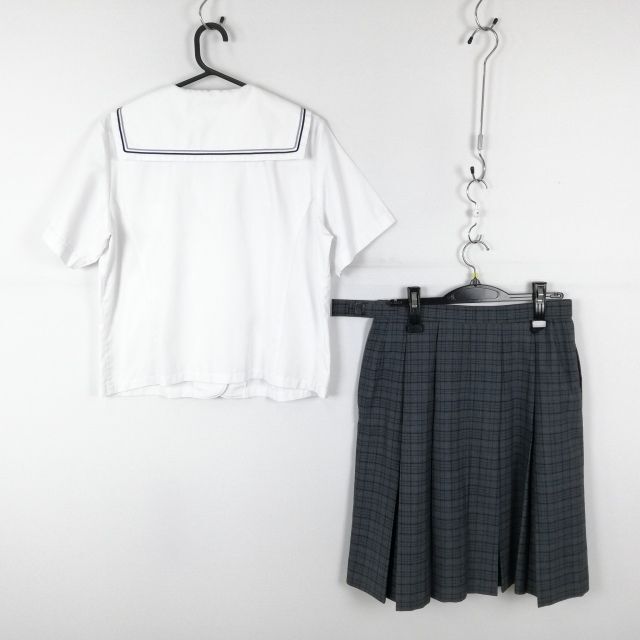 1 jpy sailor suit check skirt cord Thai top and bottom 3 point set 165B summer thing gray blue each 1 pcs line woman school uniform Okayama Kurashiki high school white used rank C NA4987